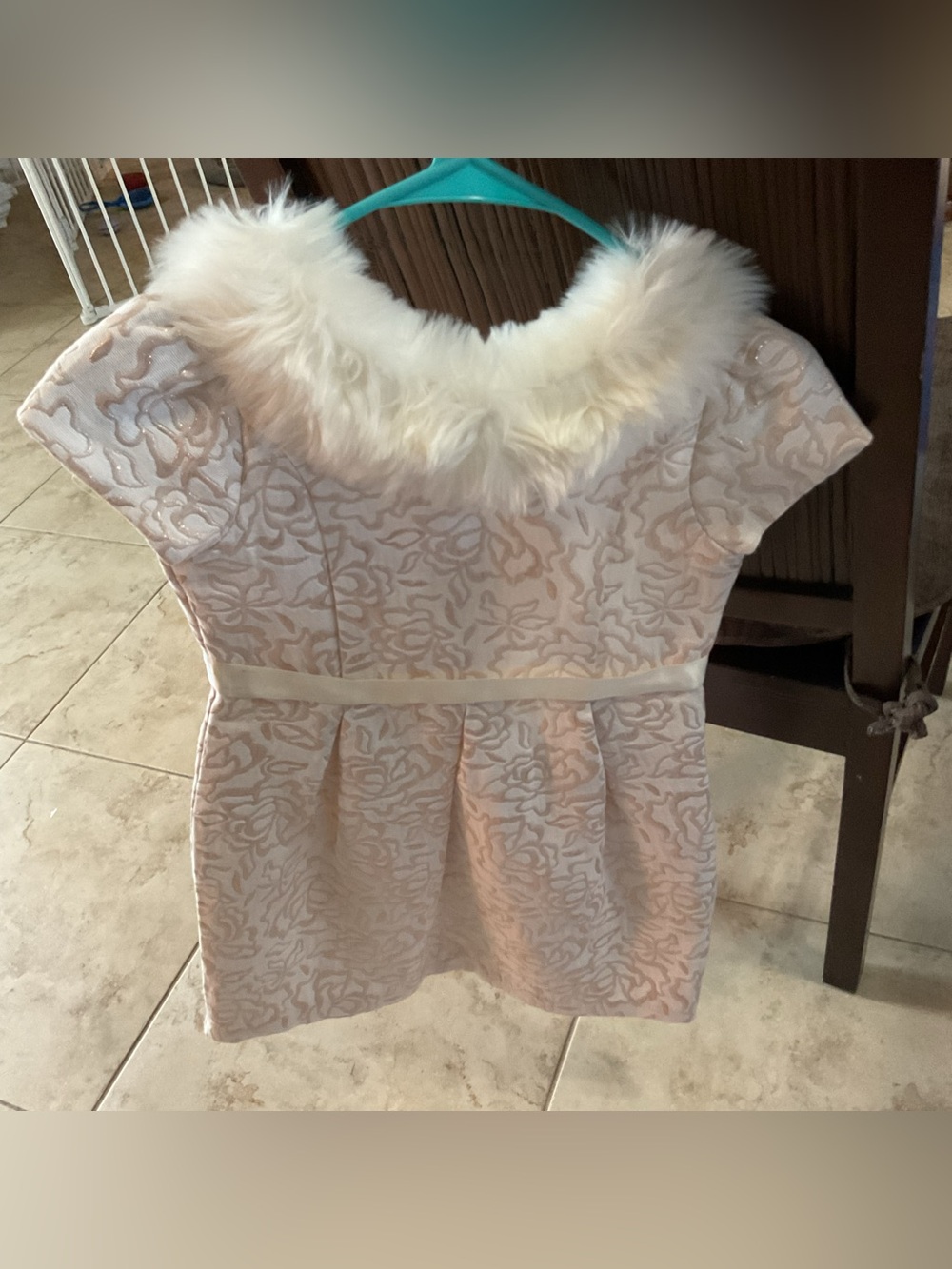 Janie and Jack Light Pink Floral Jacquard Dress with Faux Fur Collar
